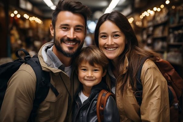 Excited family visiting a famous landmark and capturing memories