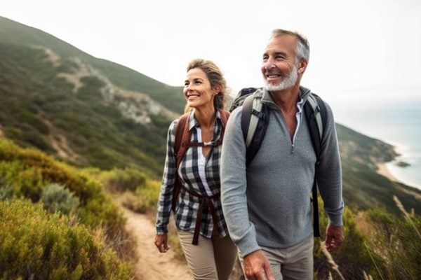 Senior couple admiring the scenic Pacific coast while hiking, fi