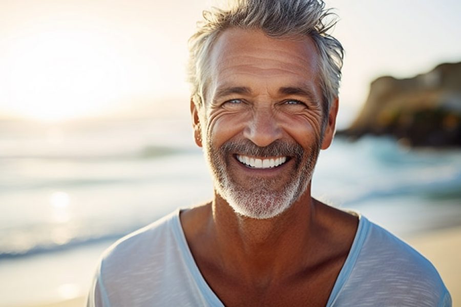 happy middle-aged man in beach